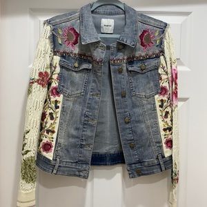 Desigual denim jacket embroidered knit crochet